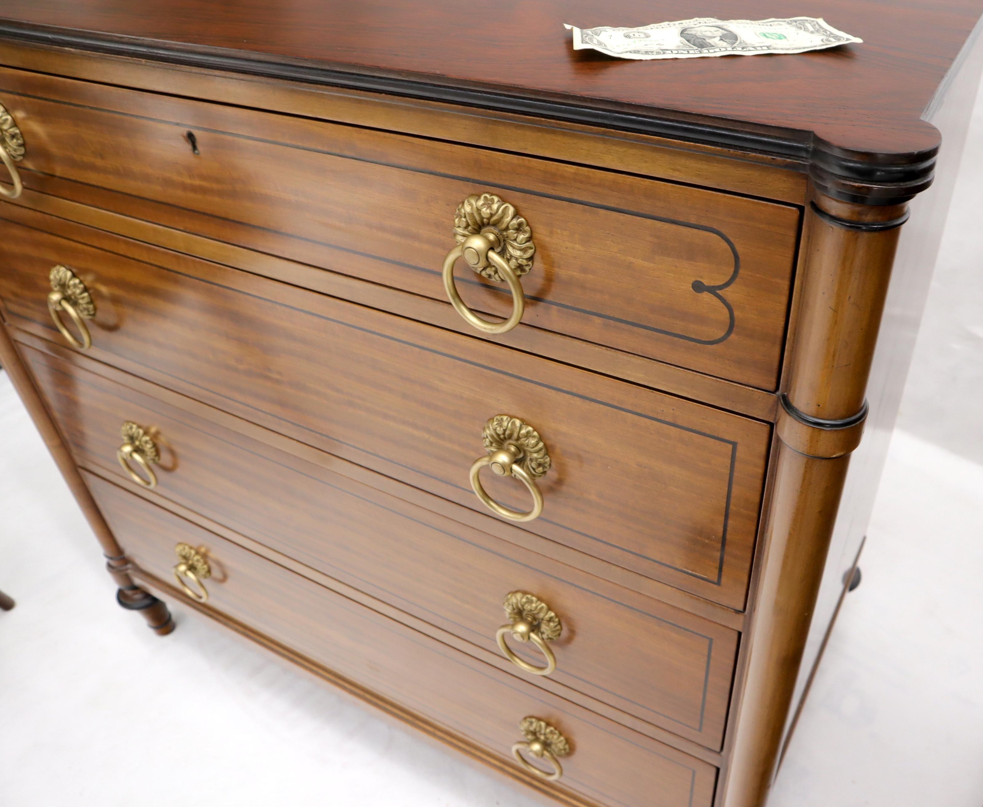 Pair of Rosewood Tops Satin Wood Heavy Brass Ring Pulls 4-Drawer Bachelor Chests For Sale 2