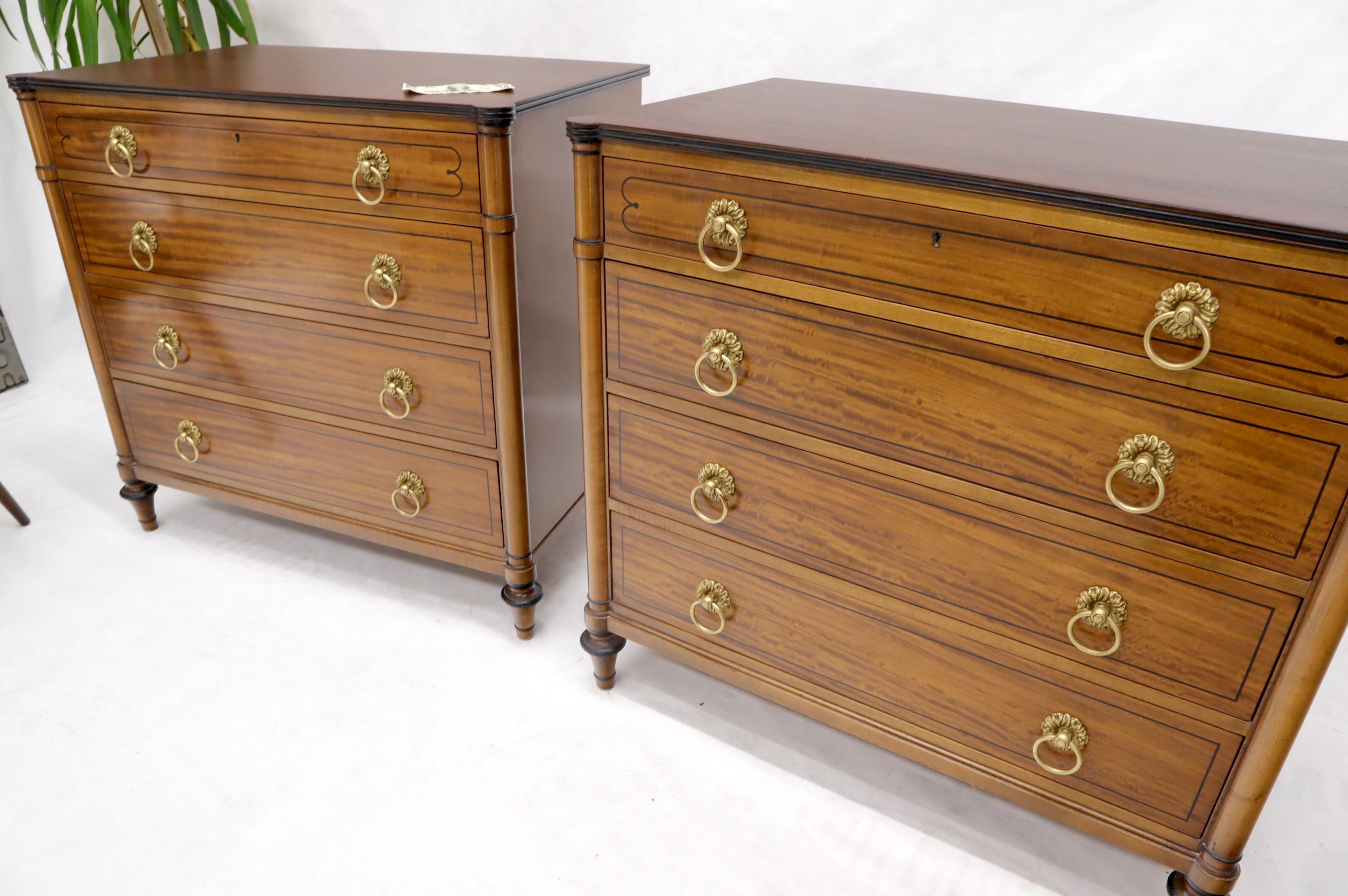 Pair of Rosewood Tops Satin Wood Heavy Brass Ring Pulls 4-Drawer Bachelor Chests For Sale 4