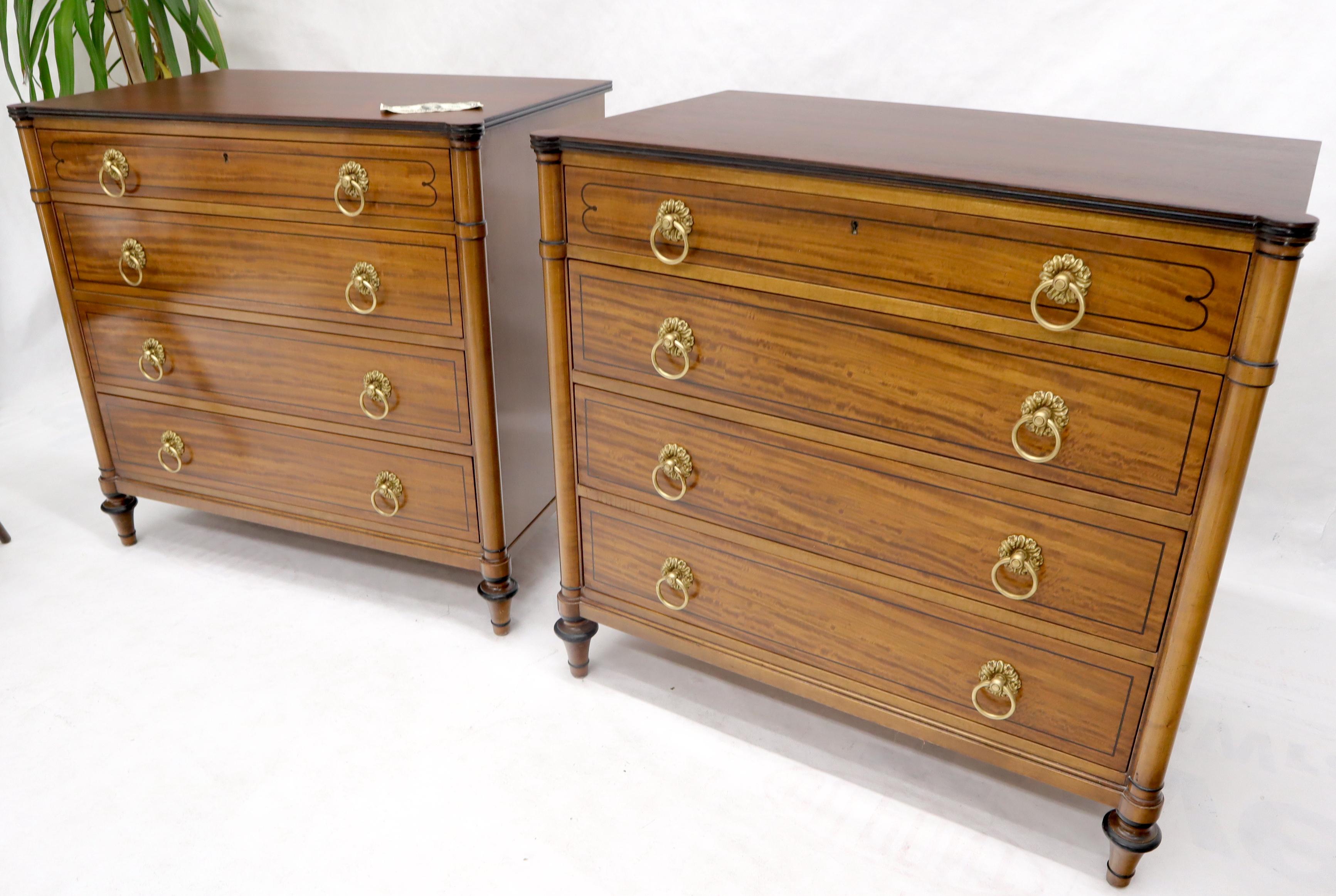 Pair of Rosewood Tops Satin Wood Heavy Brass Ring Pulls 4-Drawer Bachelor Chests For Sale 5