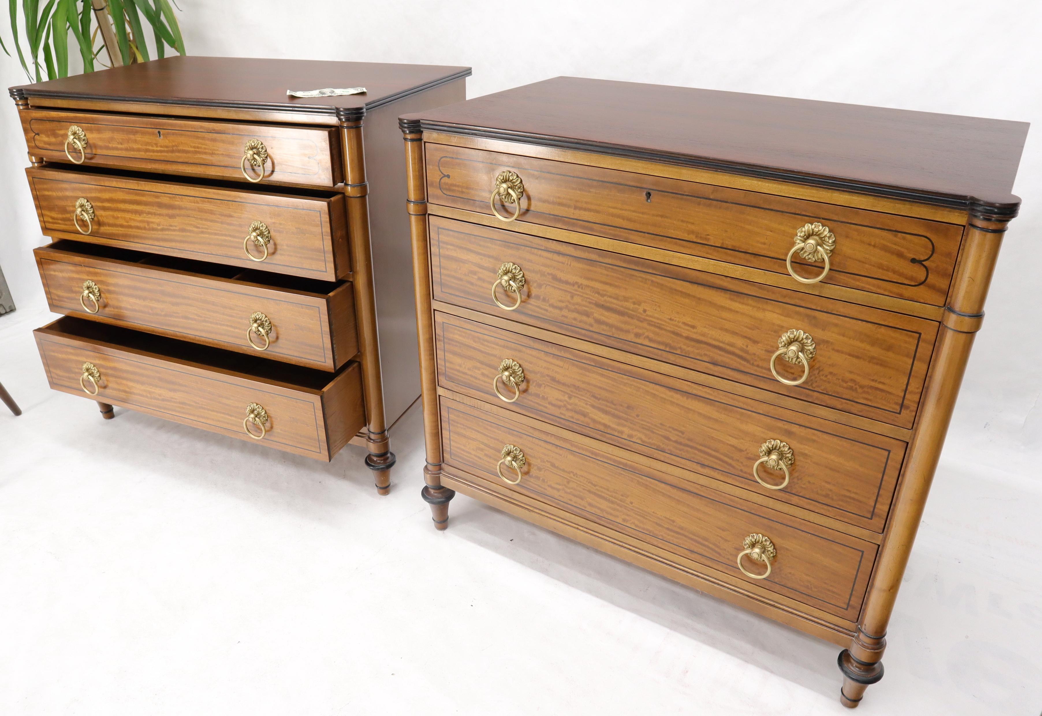 Pair of Rosewood Tops Satin Wood Heavy Brass Ring Pulls 4-Drawer Bachelor Chests For Sale 7