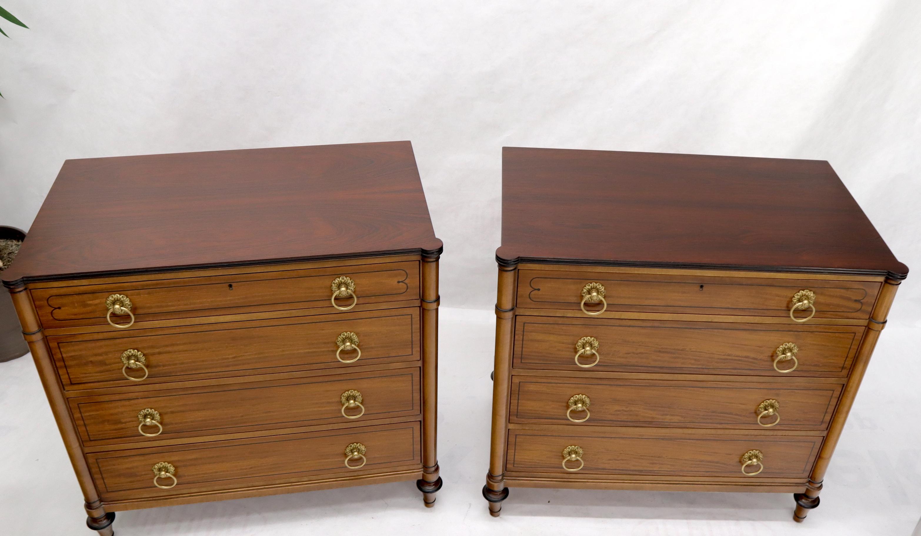 Pair of Rosewood Tops Satin Wood Heavy Brass Ring Pulls 4-Drawer Bachelor Chests In Good Condition For Sale In Rockaway, NJ