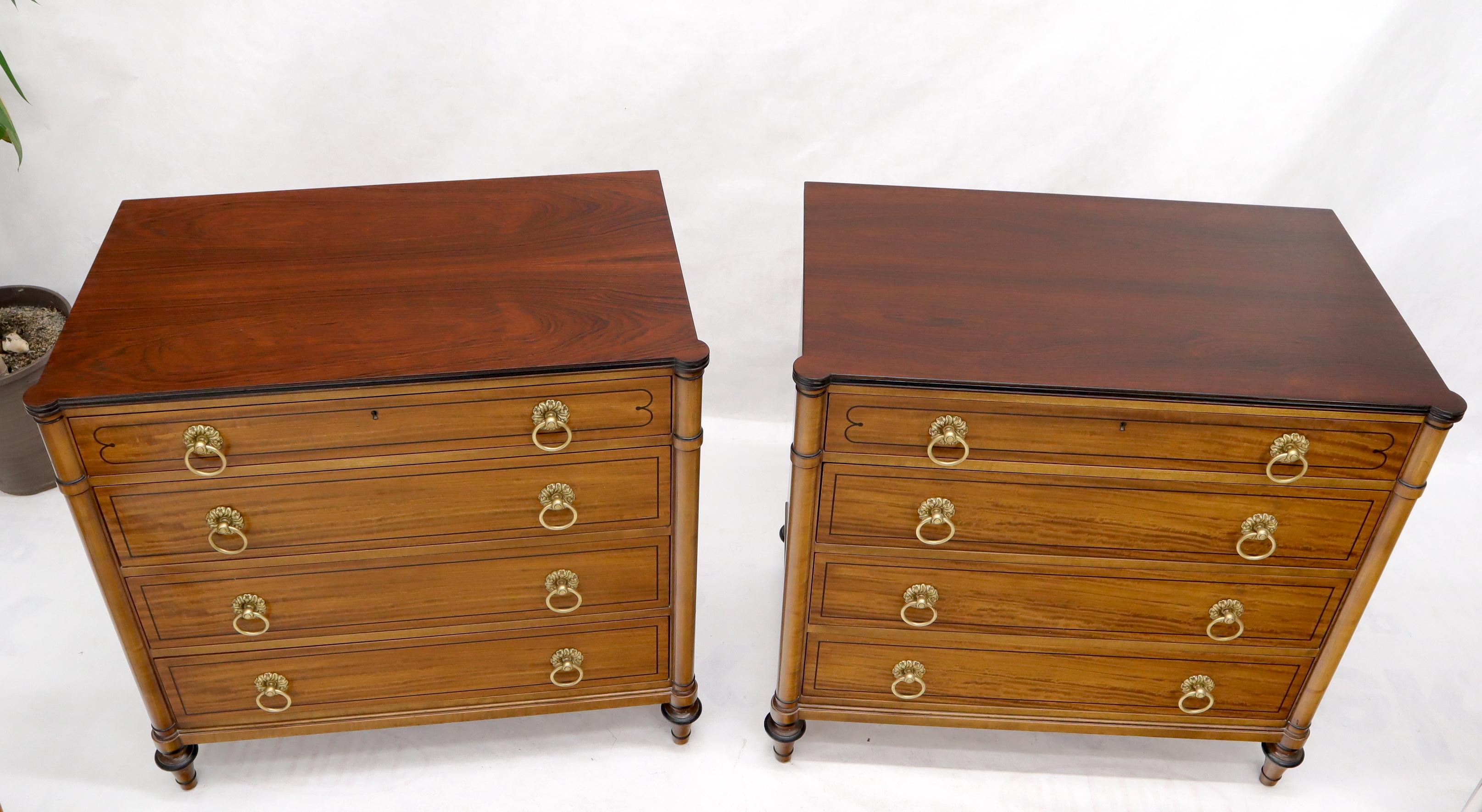 20th Century Pair of Rosewood Tops Satin Wood Heavy Brass Ring Pulls 4-Drawer Bachelor Chests For Sale