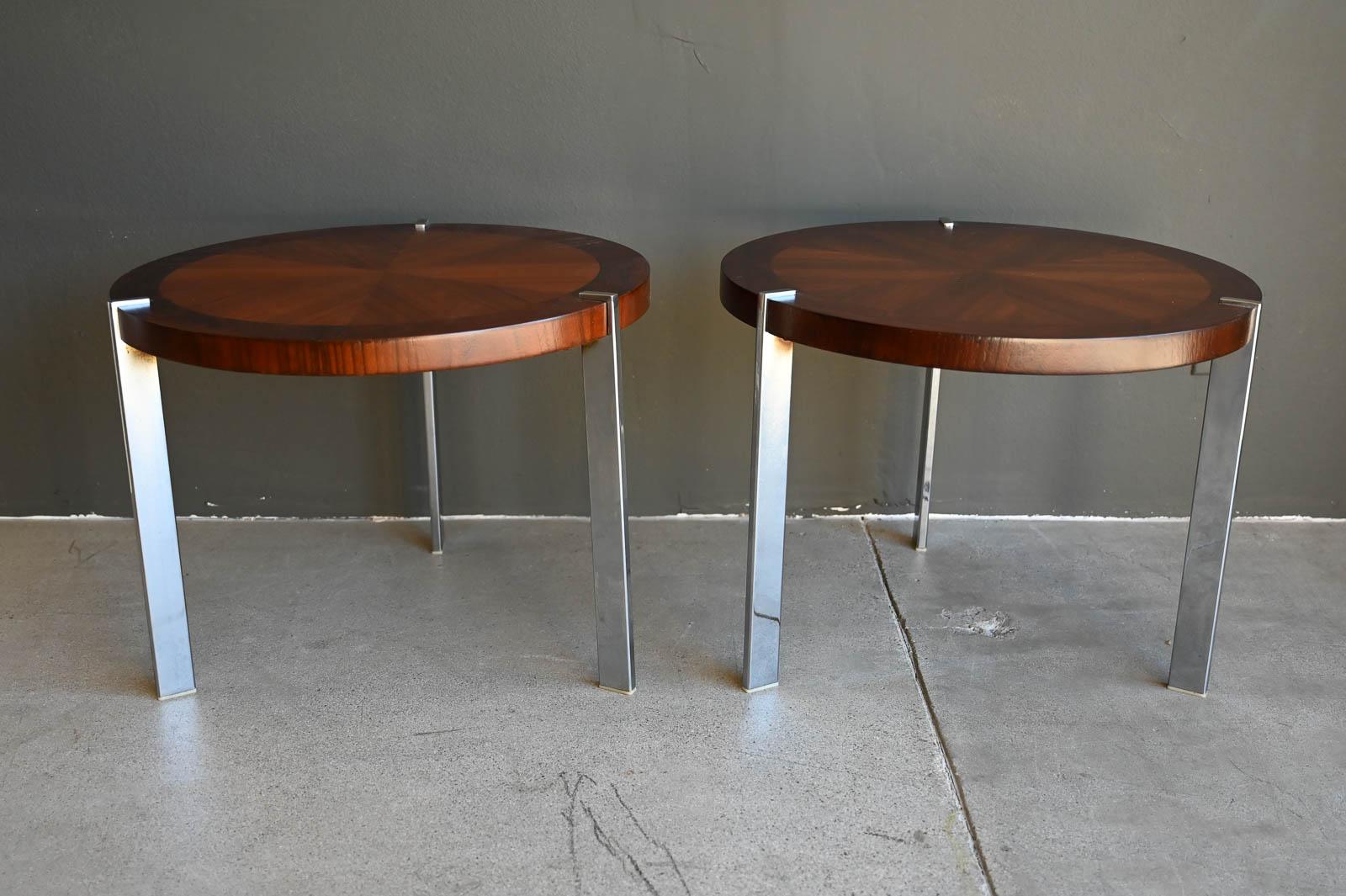 Pair of Rosewood, Walnut and Chrome Side Tables from Lane, ca. 1965.  Professionally restored wood tops with rosewood and walnut detail and polished chrome legs.  Great quality and pair from Lane Furniture, Alta Vista, VA.  Sold as a Pair.

Measure