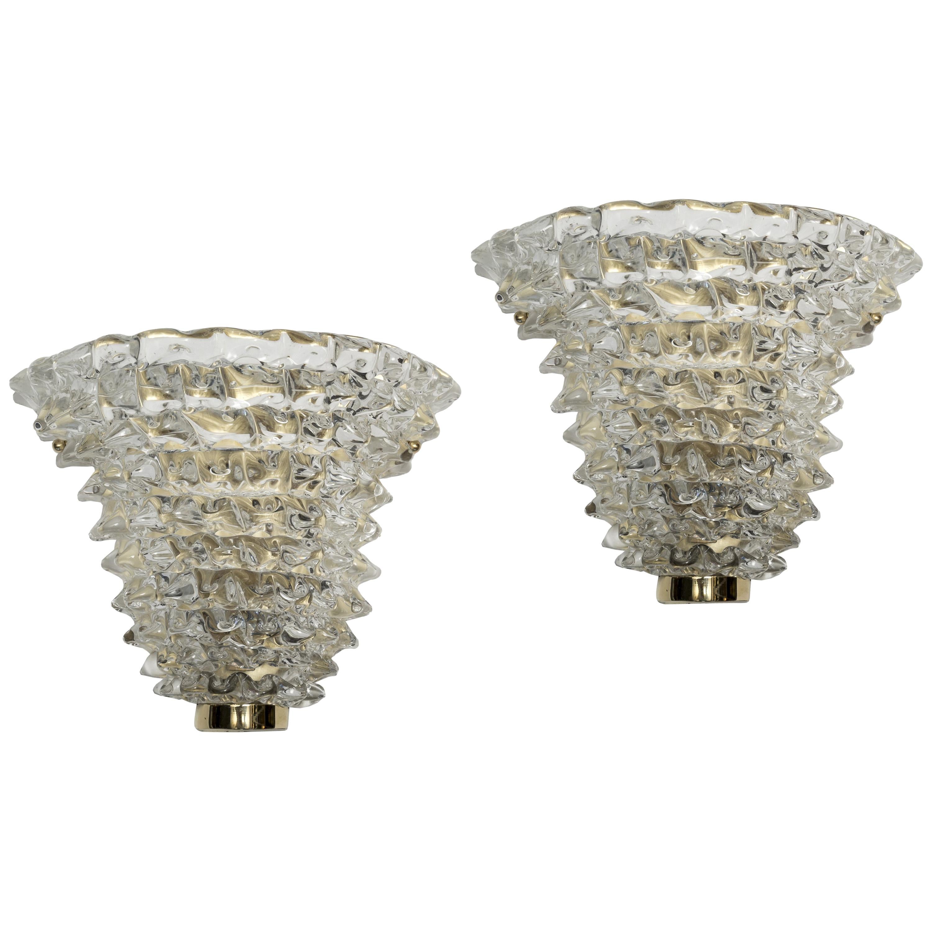 Pair of Rostrate Wall Sconces in Murano Glass and Brass