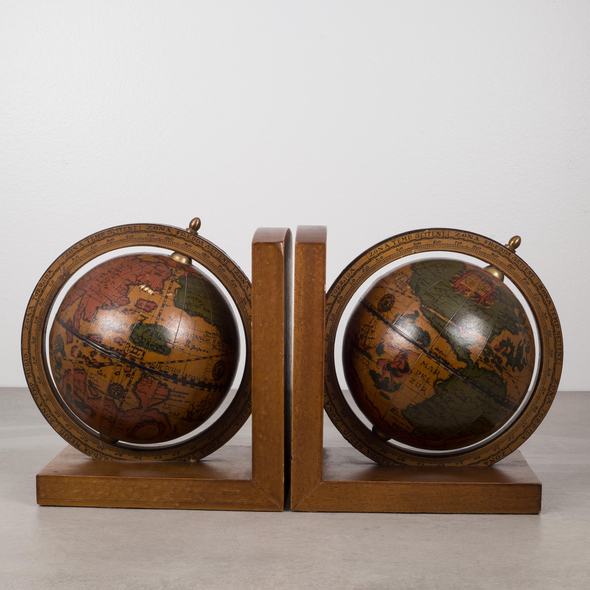 Rustic Pair of Rotating Globe Bookends with Brass Tips, circa 1950s-1970s