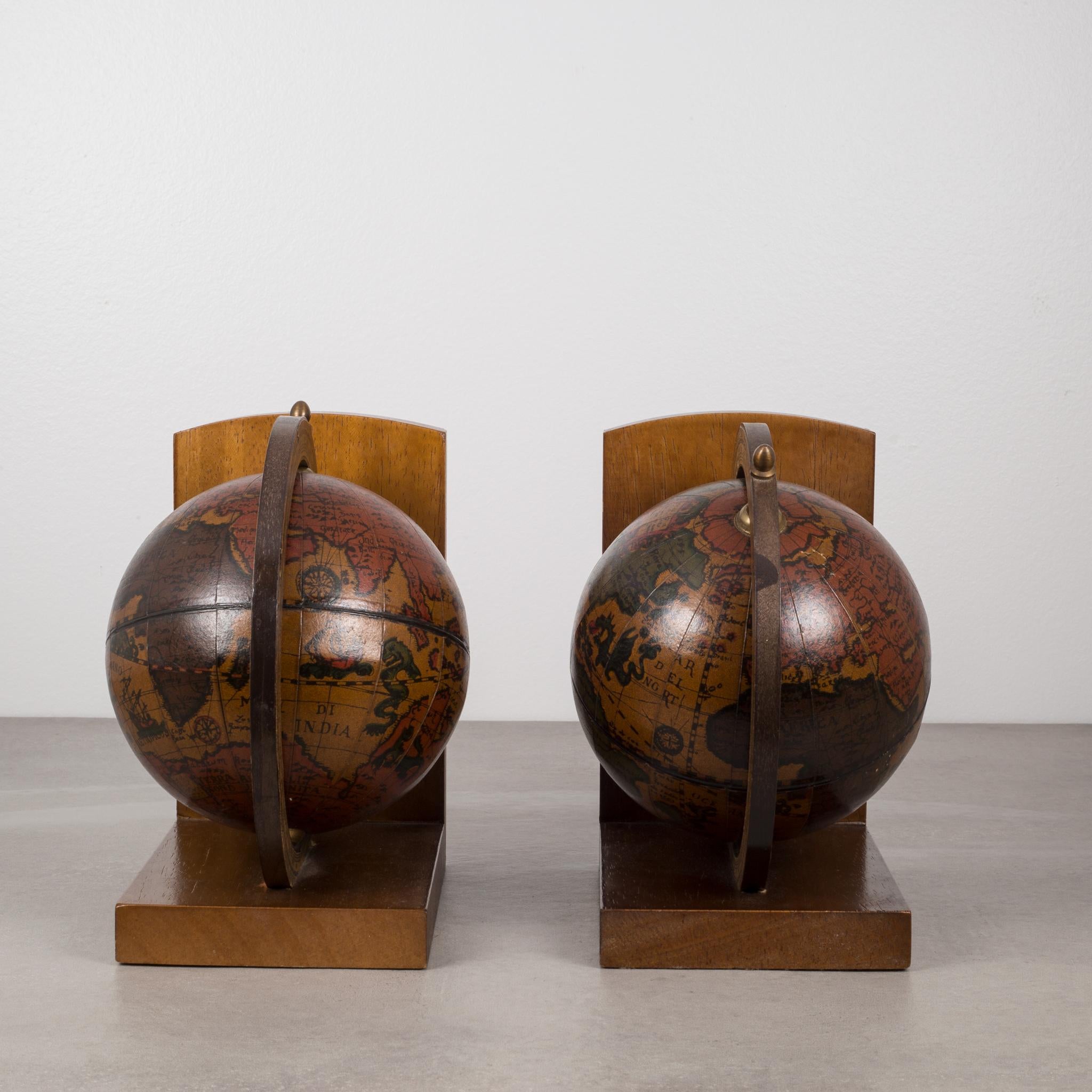 Italian Pair of Rotating Globe Bookends with Brass Tips, circa 1950s-1970s