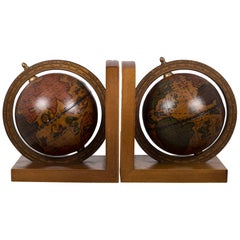 Pair of Rotating Globe Bookends with Brass Tips, circa 1950s-1970s