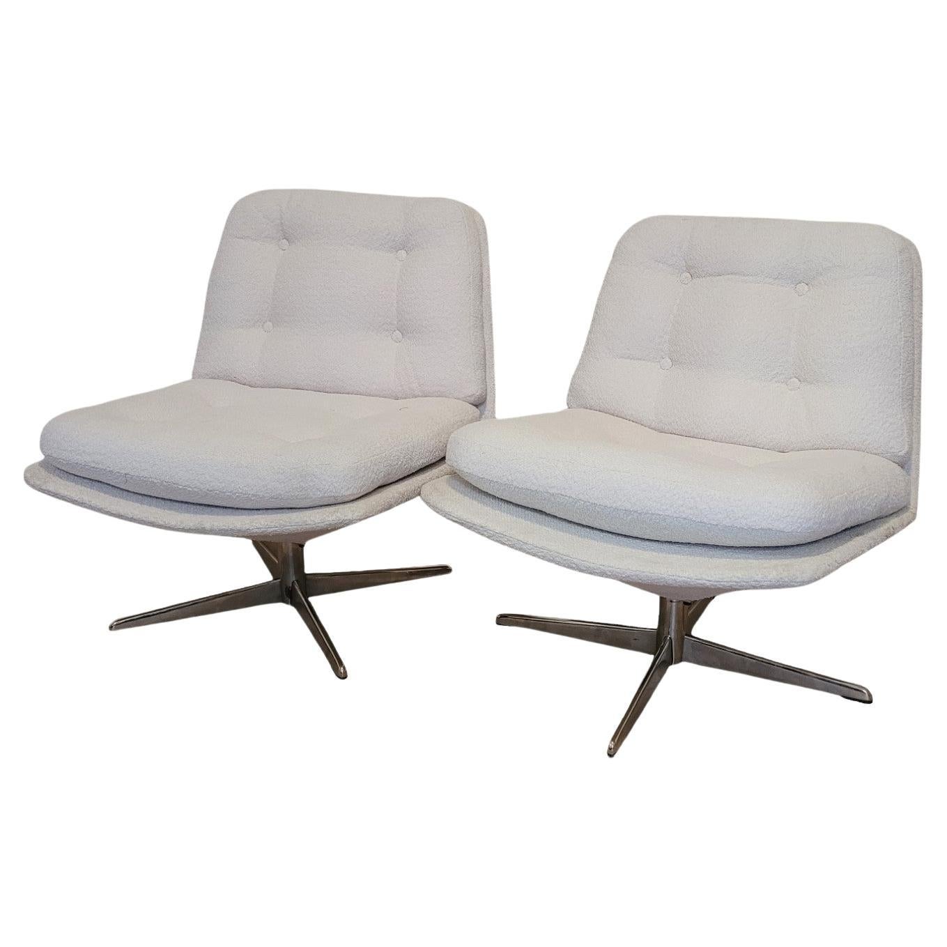Pair Of Rotating Low Chairs, Bouclette Fabric, 20th Century