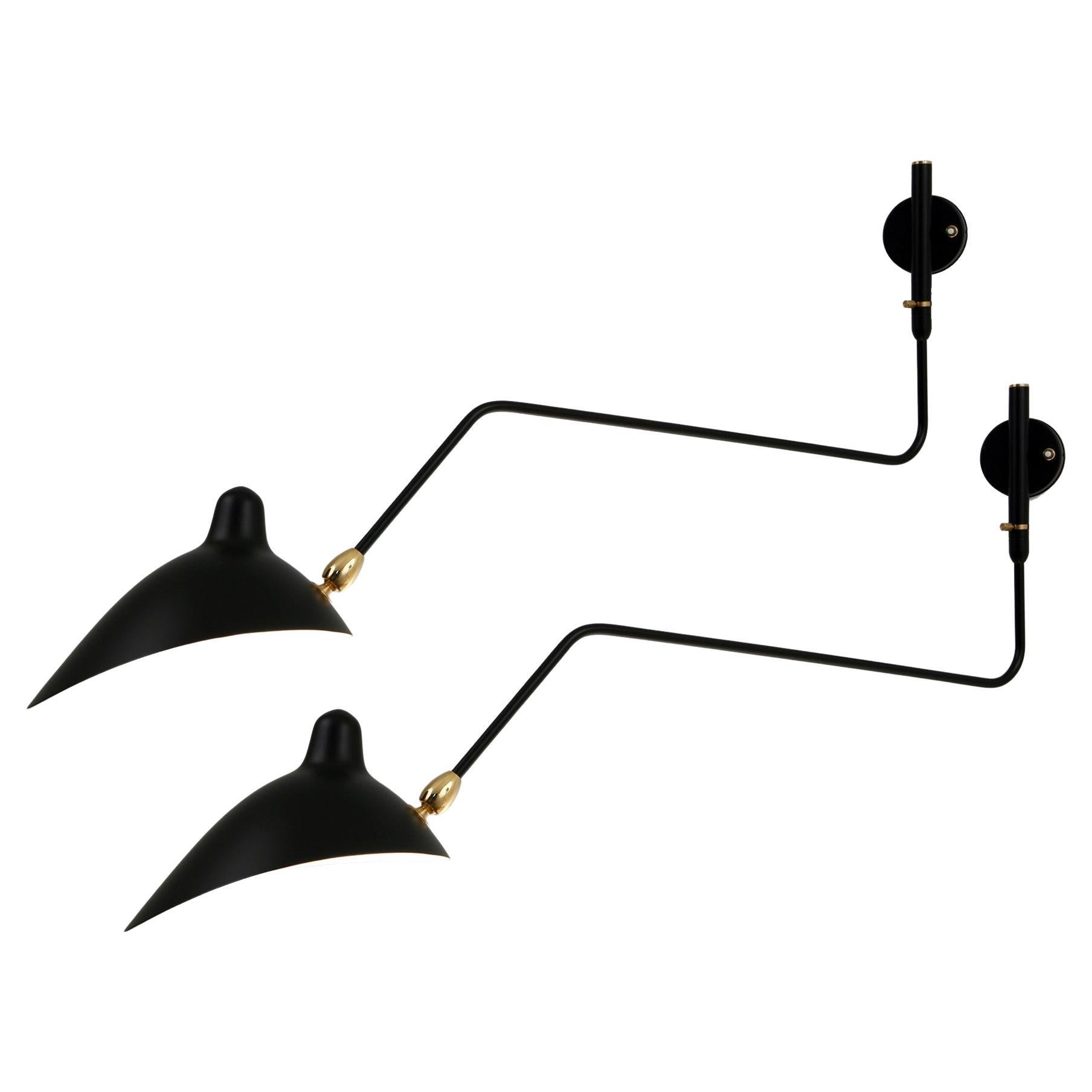 Serge Mouille - Pair of Rotating Sconces with 1 Curved Arm in Black - IN STOCK! For Sale
