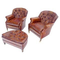 Pair of Rouge Leather Vintage Tufted Leather Chesterfield Armchairs and Ottoman