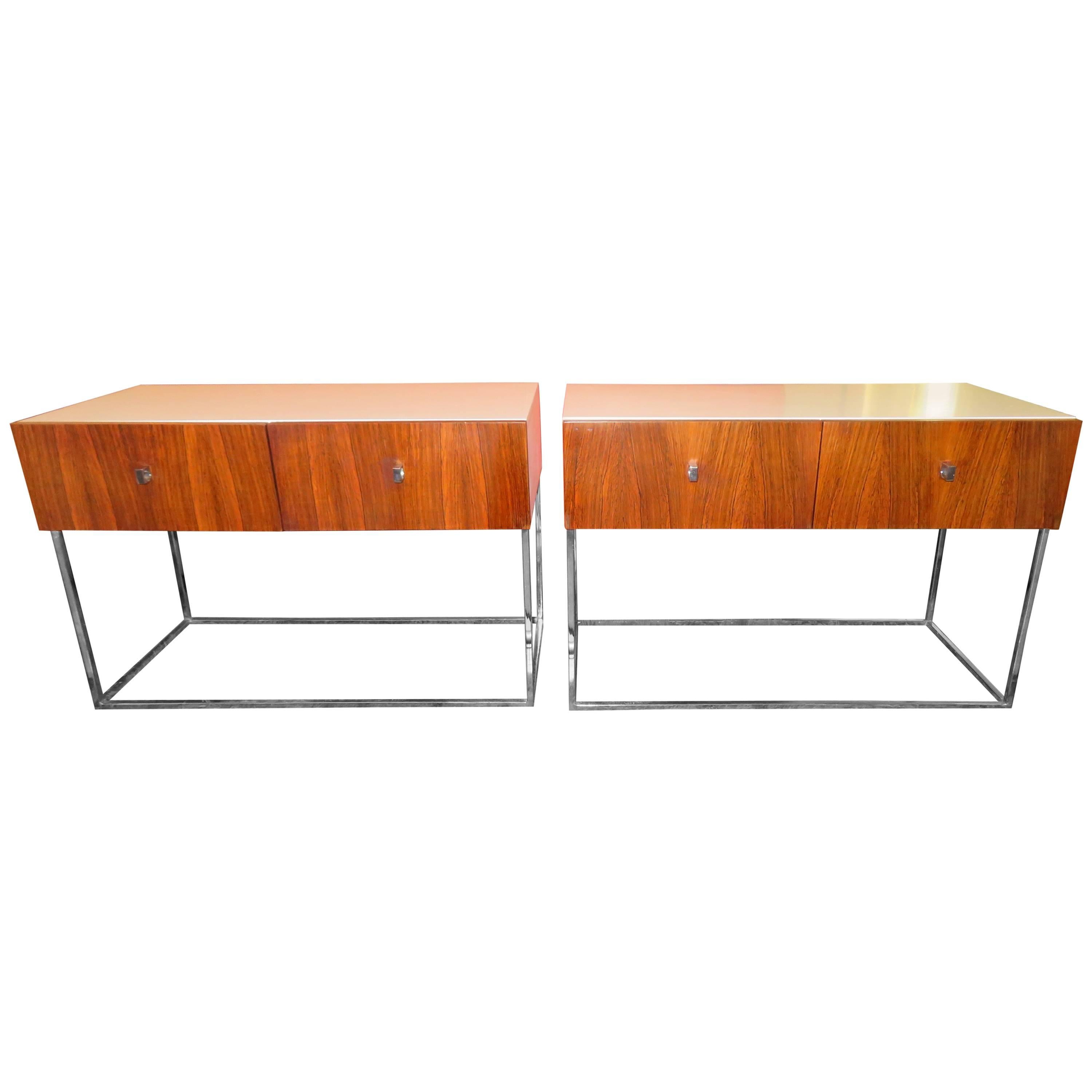 Pair of Rougier Rosewood Two-Drawer Chrome Base Nightstands Mid-Century Modern For Sale