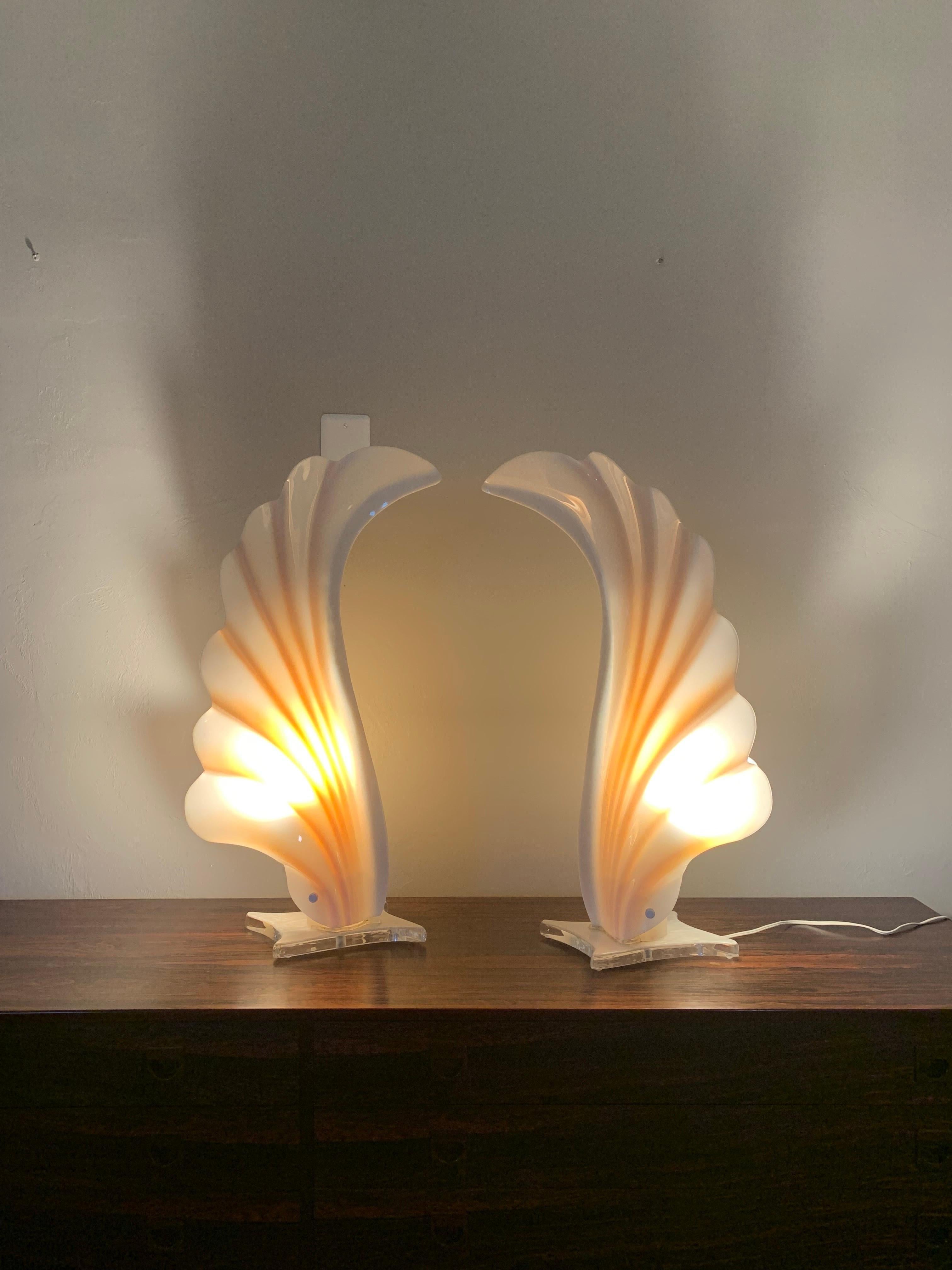 American Pair of Rougier Style Acrylic Lamps in White and Peach For Sale
