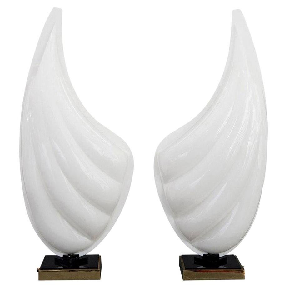 Pair of Rougier White Resin Shell with Black and Brass Base Table Lamps For Sale