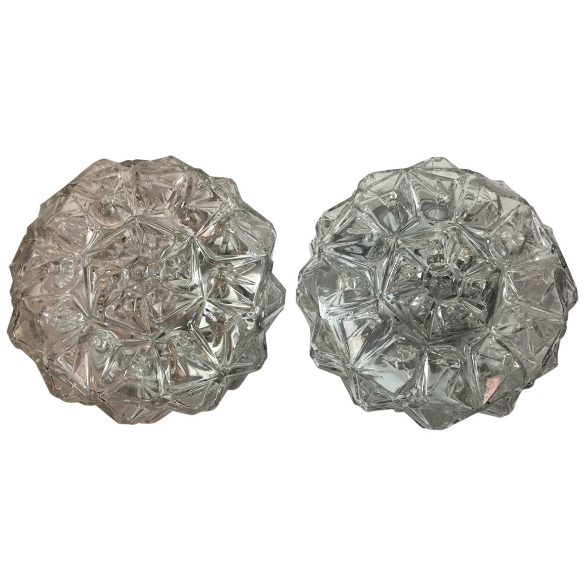 Pair of Round 1960s Geometric Glass Structure Flush Mount or Sconces For Sale