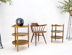 Pair of Round 3 Tier Etagere Style Light Burl Walnut Wood End Tables Stands Mint