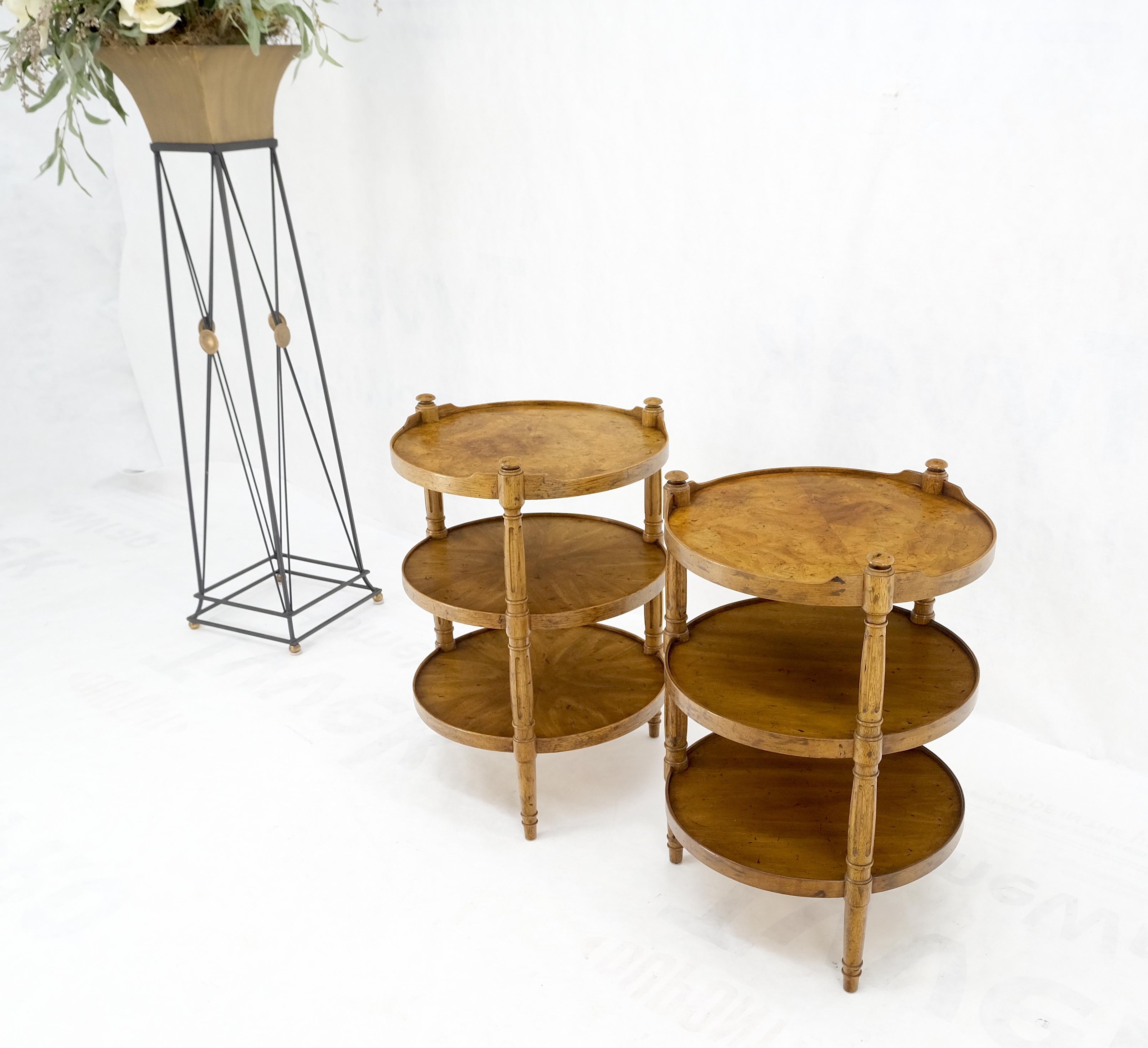 Mid-Century Modern Pair of Round 3 Tier Etagere Style Light Burl Walnut Wood End Tables Stands Mint
