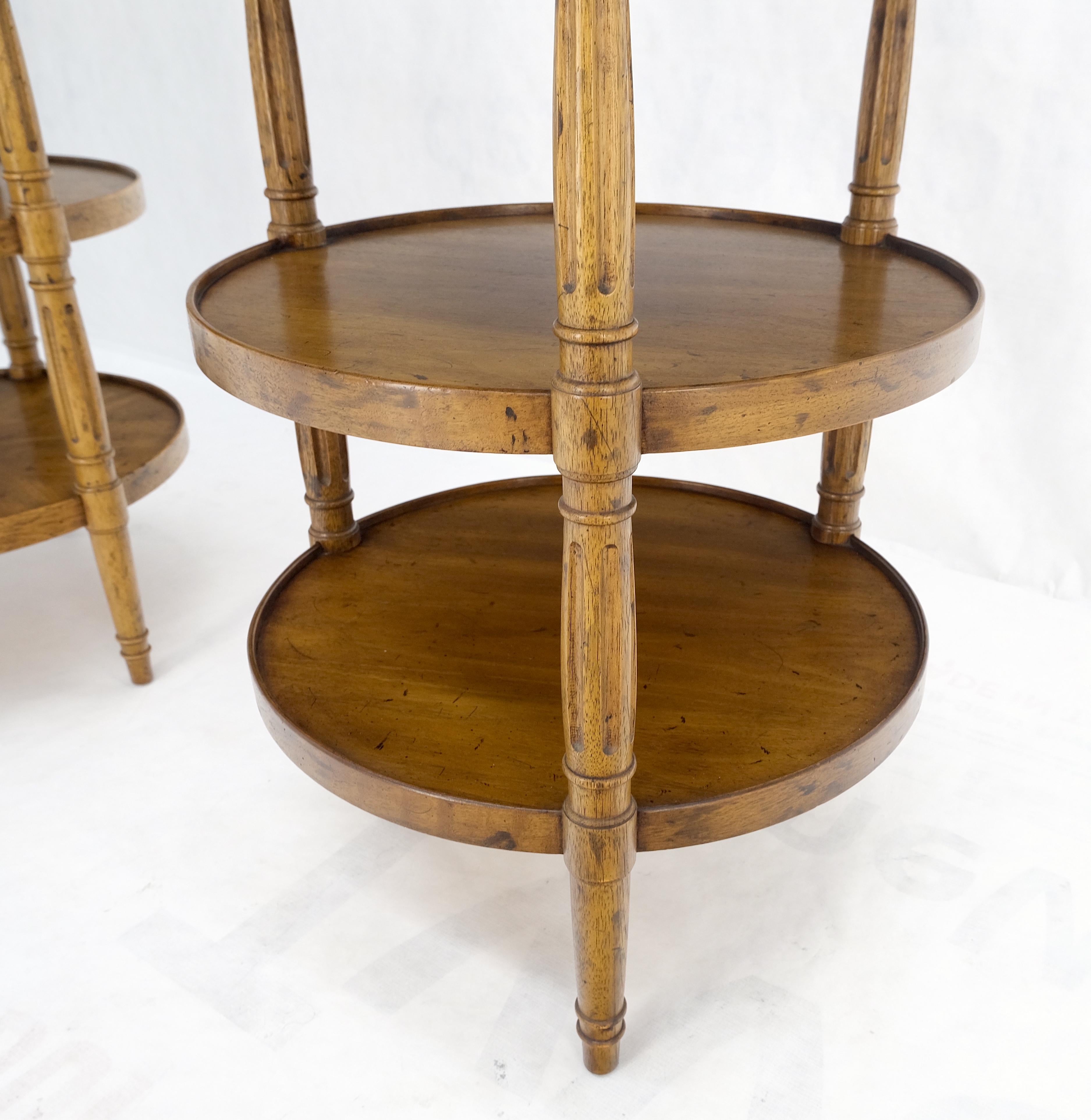 Pair of Round 3 Tier Etagere Style Light Burl Walnut Wood End Tables Stands Mint 2