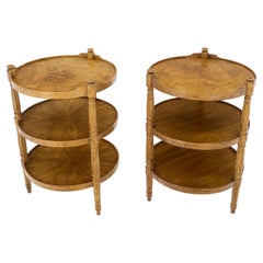 Pair of Round 3 Tier Etagere Style Light Burl Walnut Wood End Tables Stands Mint