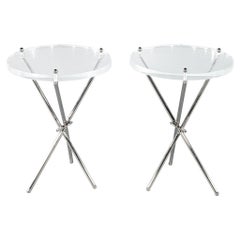 Pair of Round Acrylic and Stainless Steel Accent Tables