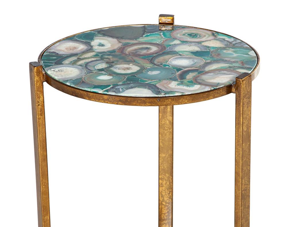 Metal Pair of Round Agate Top Accent Tables For Sale