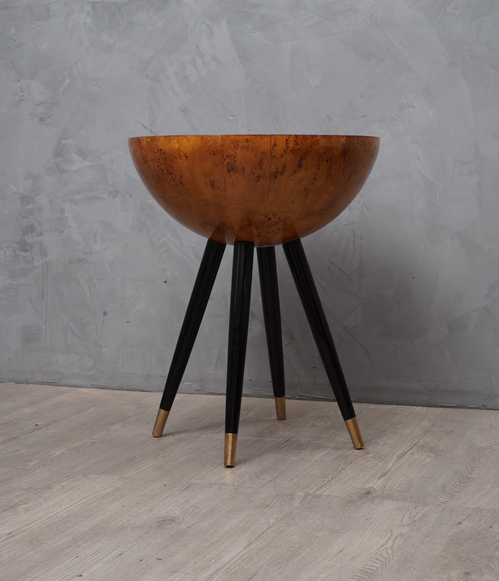 Pair of Round and Flat Poplar Wood and Brass Italian Side Table, 1930 3