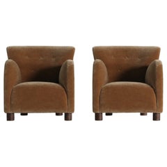 Pair of Round Arm Lounge Chairs, Newly Upholstered in Pure Mohair