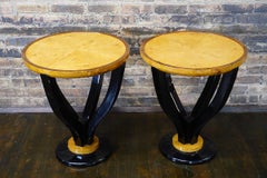 Pair of Round Art Deco  Burlwood and Ebonized Side Tables