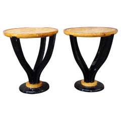 Pair of Round Art Deco  Burlwood and Ebonized Side Tables