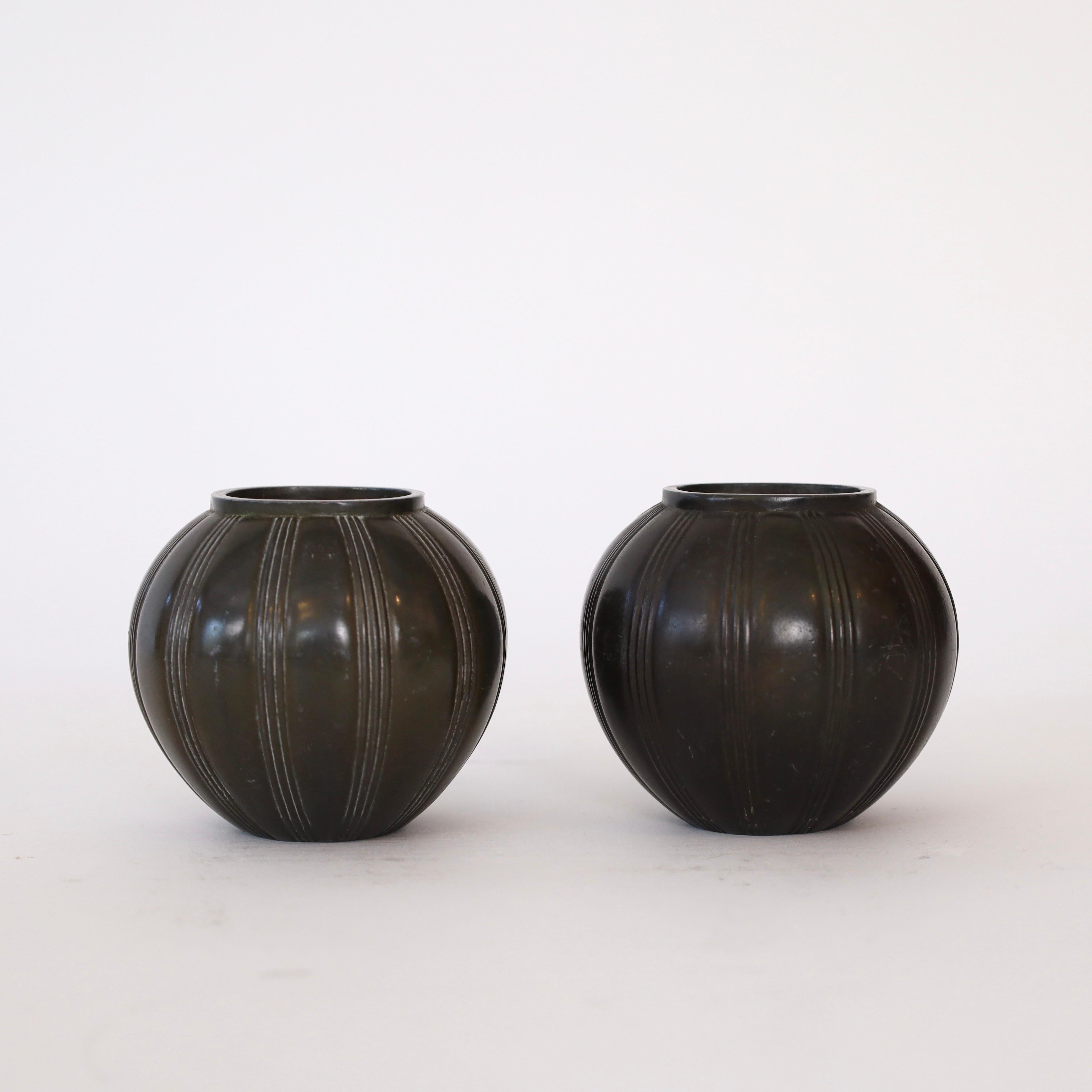 Metal Pair of Round Art Deco Vases by Just Andersen, 1930s, Denmark For Sale