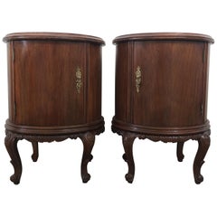 Pair of Round Art Deco Walnut Nightstands with Door and One Hidden Drawer