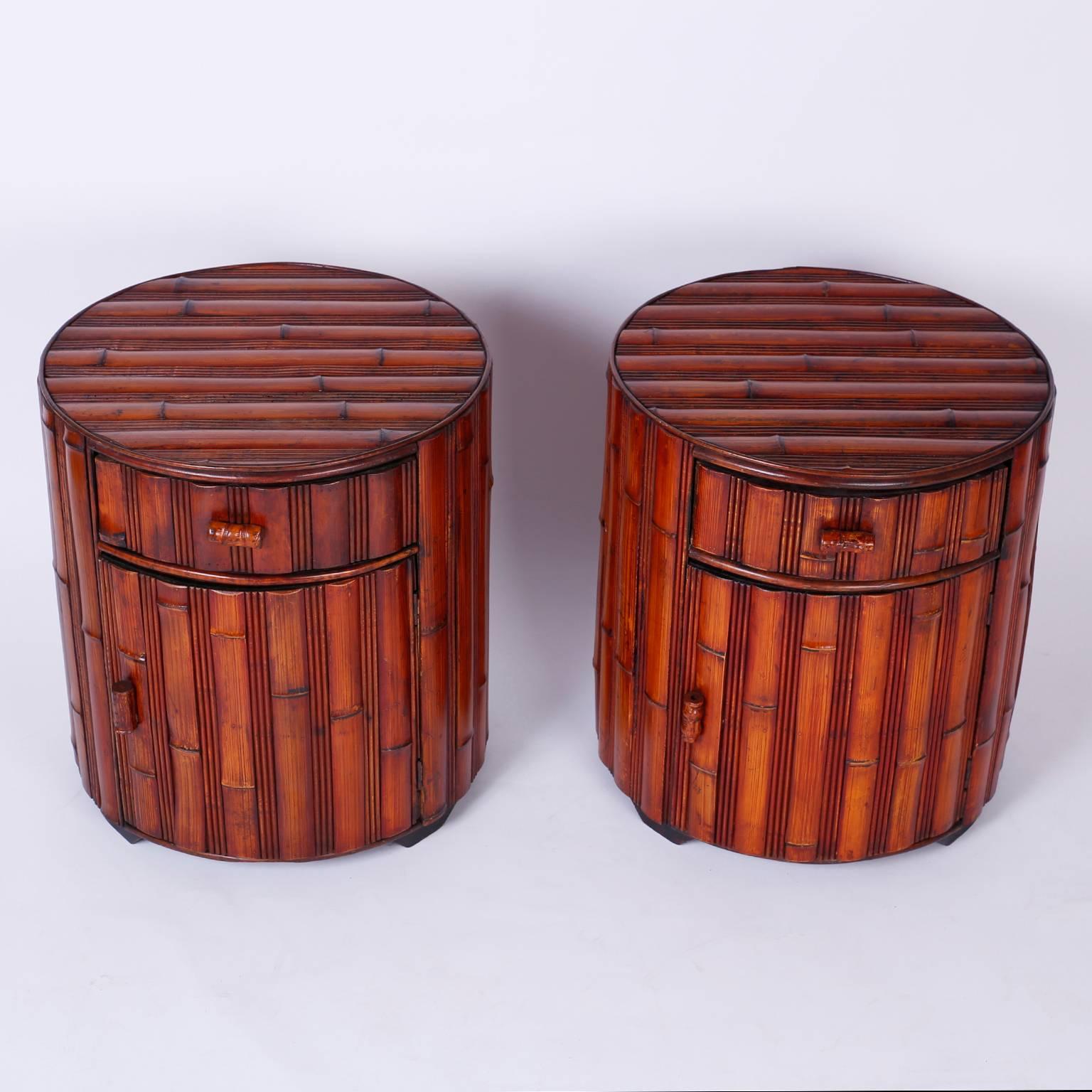 Stand out pair of round stands crafted with bamboo and having a drawer and storage compartment below. Finished all around with exotic earthy flavor.