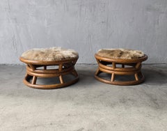 Pair of Round Bamboo Low Stools with Fur Seat by Paul Frankl