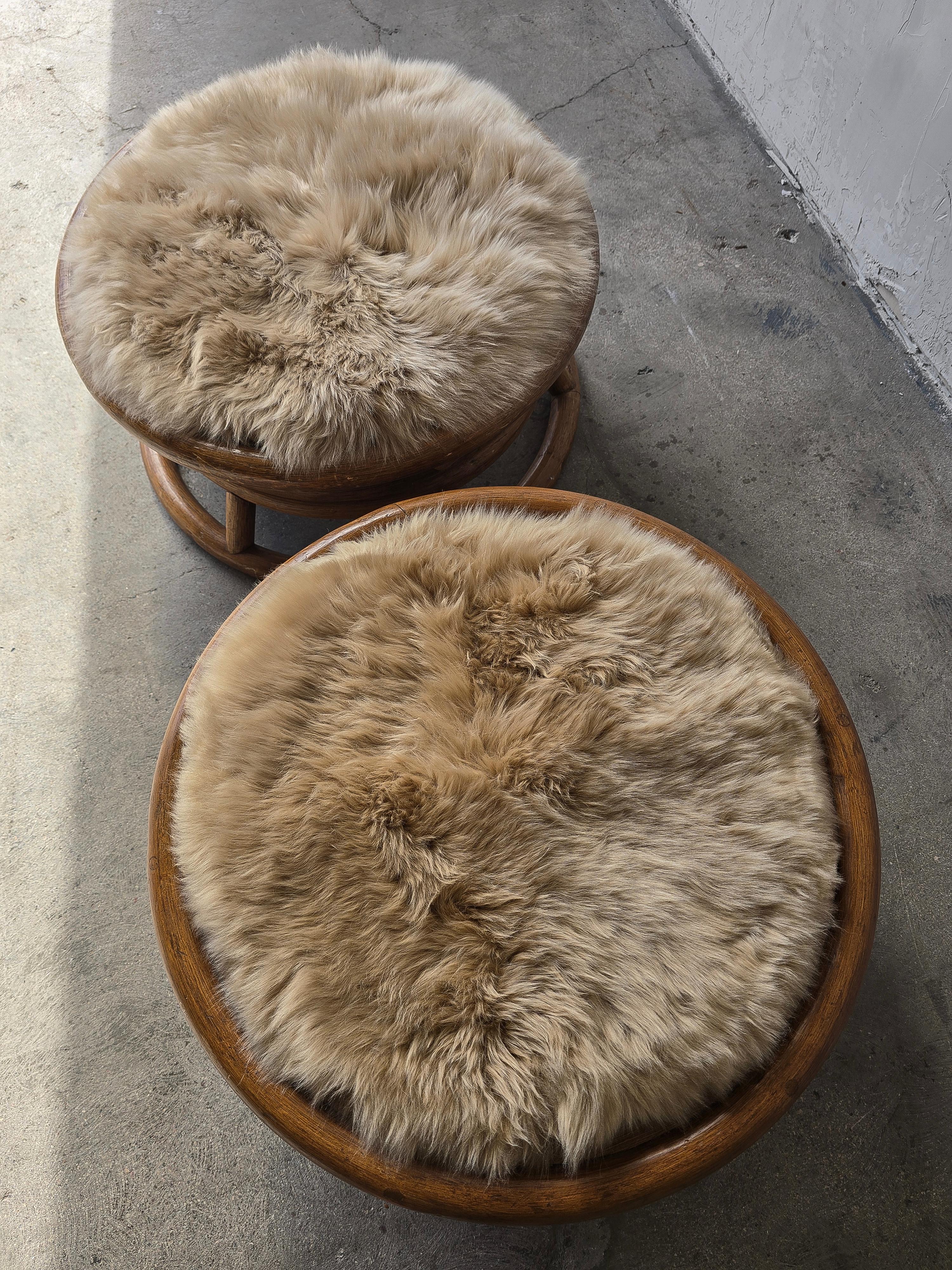 Mid-Century Modern Pair of Round Bamboo Low Stools with Fur Seat by Paul Frankl For Sale