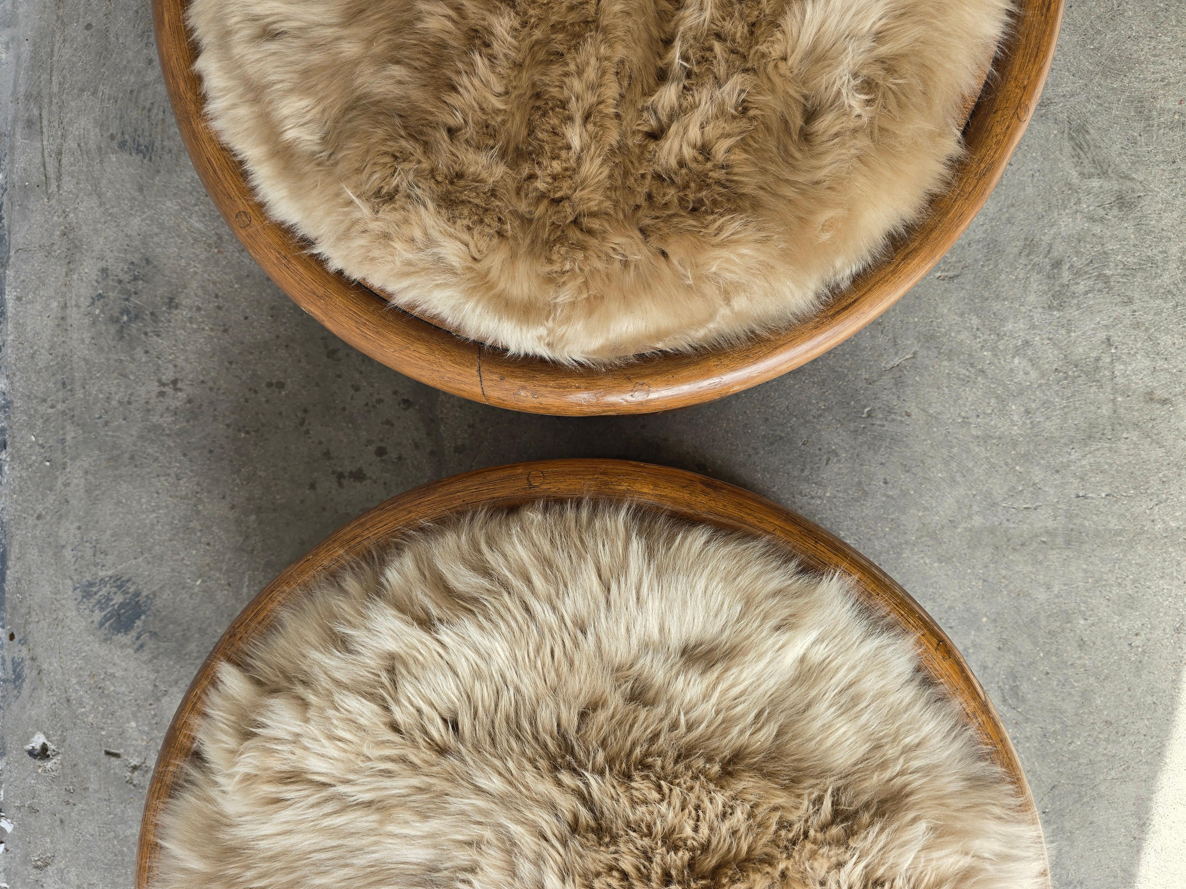 Pair of Round Bamboo Low Stools with Fur Seat by Paul Frankl In Good Condition For Sale In Las Vegas, NV