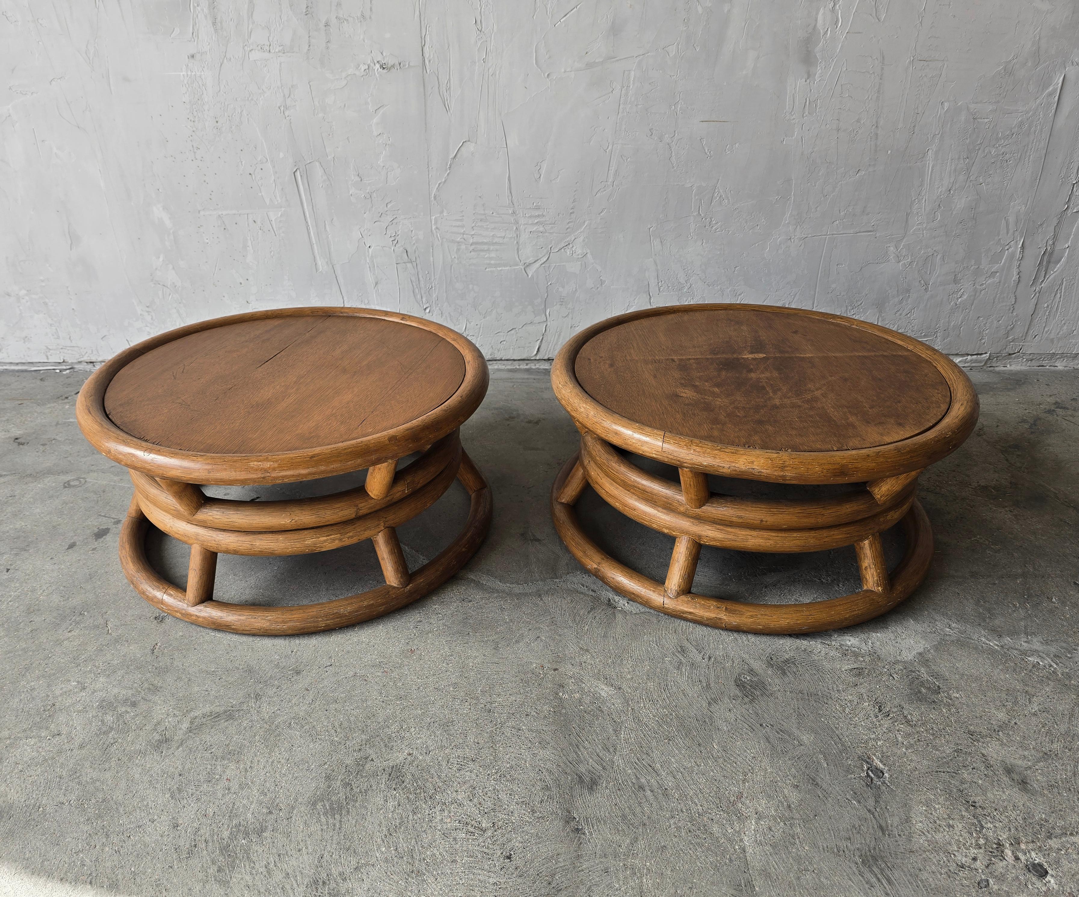 20th Century Pair of Round Bamboo Low Stools with Fur Seat by Paul Frankl For Sale