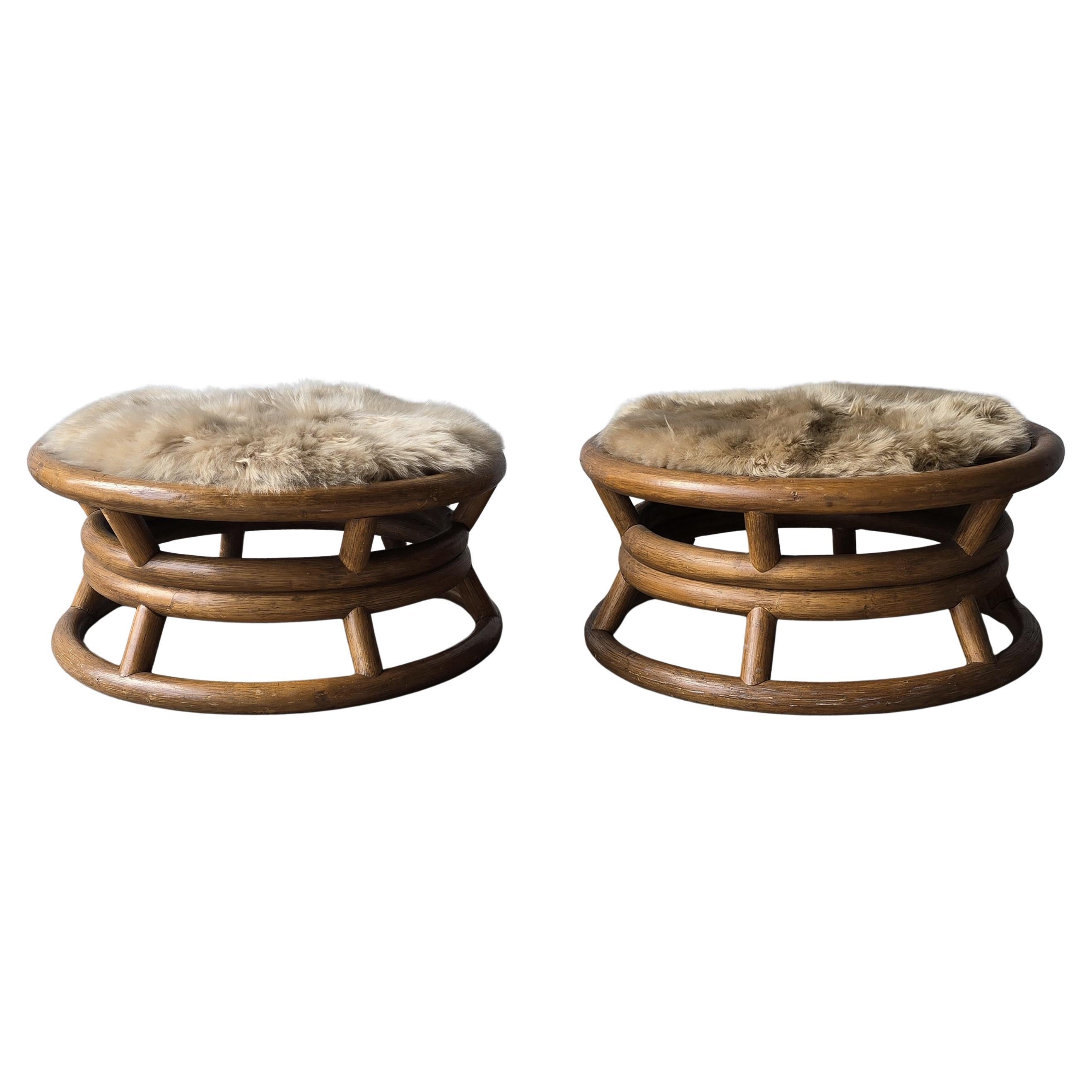 Pair of Round Bamboo Low Stools with Fur Seat by Paul Frankl