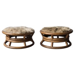 Pair of Round Bamboo Low Stools with Fur Seat by Paul Frankl