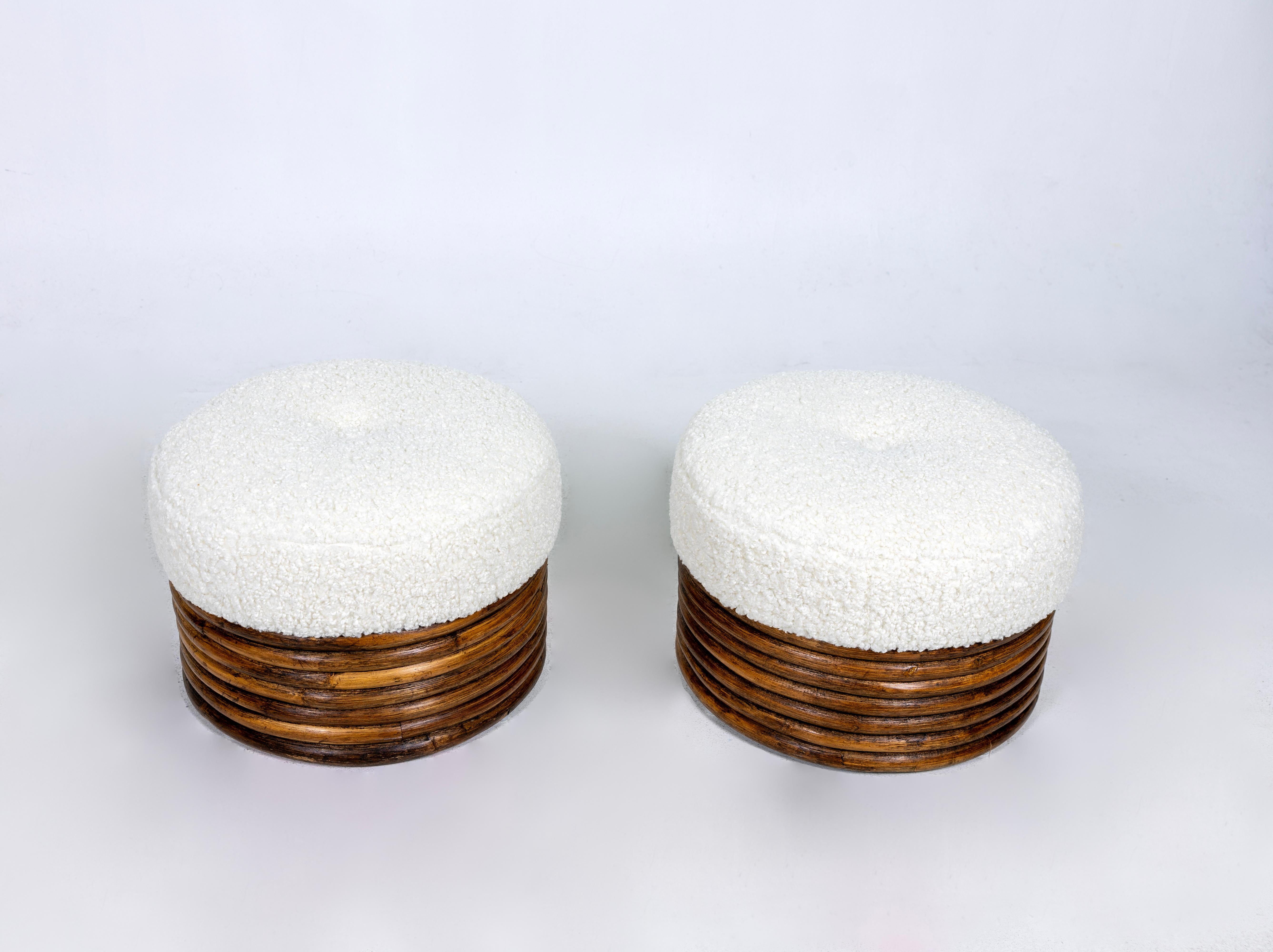 Mid-Century Modern Pair of Round Bamboo Ottomans, Stools, Boucle