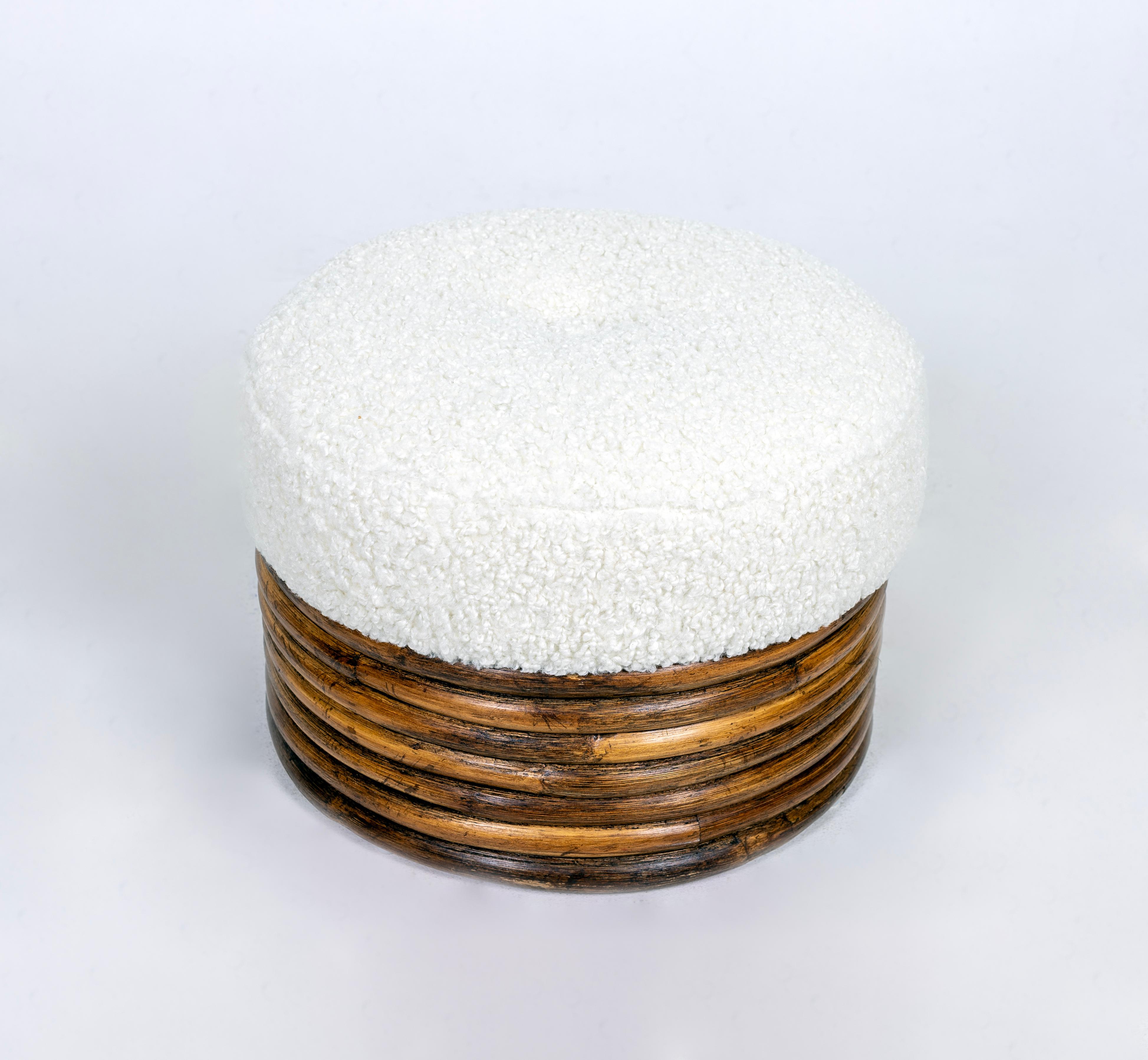 American Pair of Round Bamboo Ottomans, Stools, Boucle