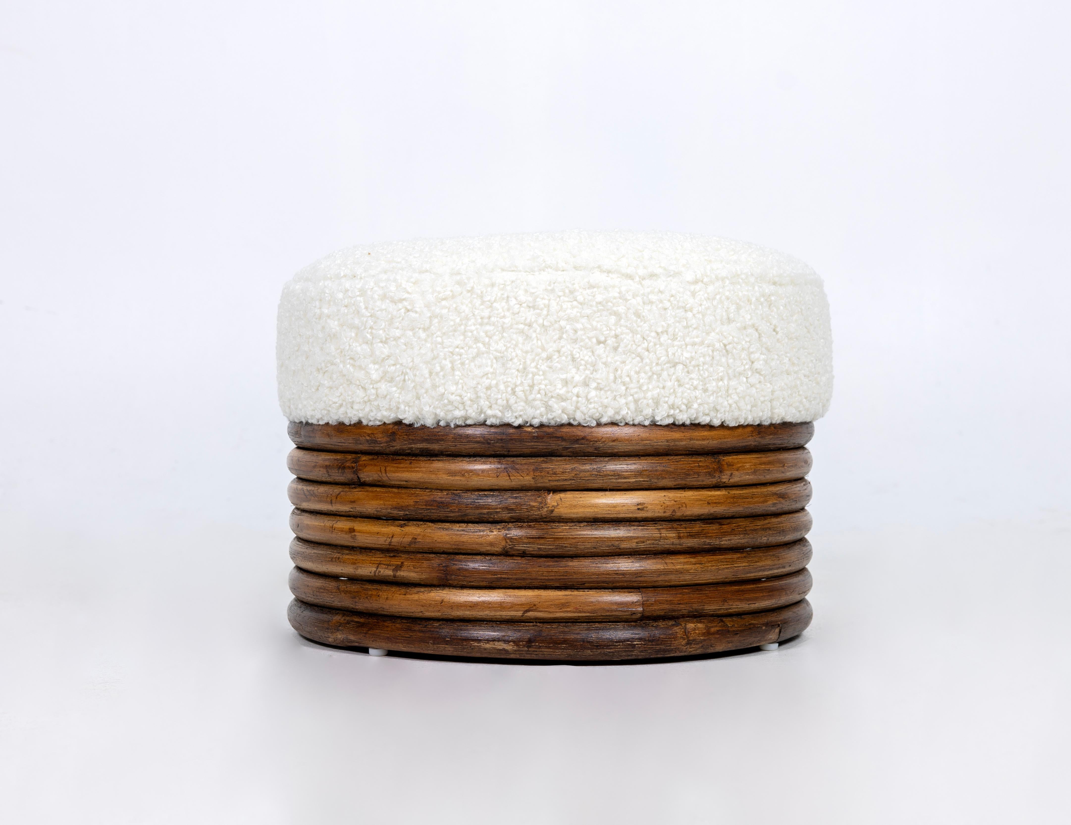 Pair of Round Bamboo Ottomans, Stools, Boucle In Good Condition In Miami, FL