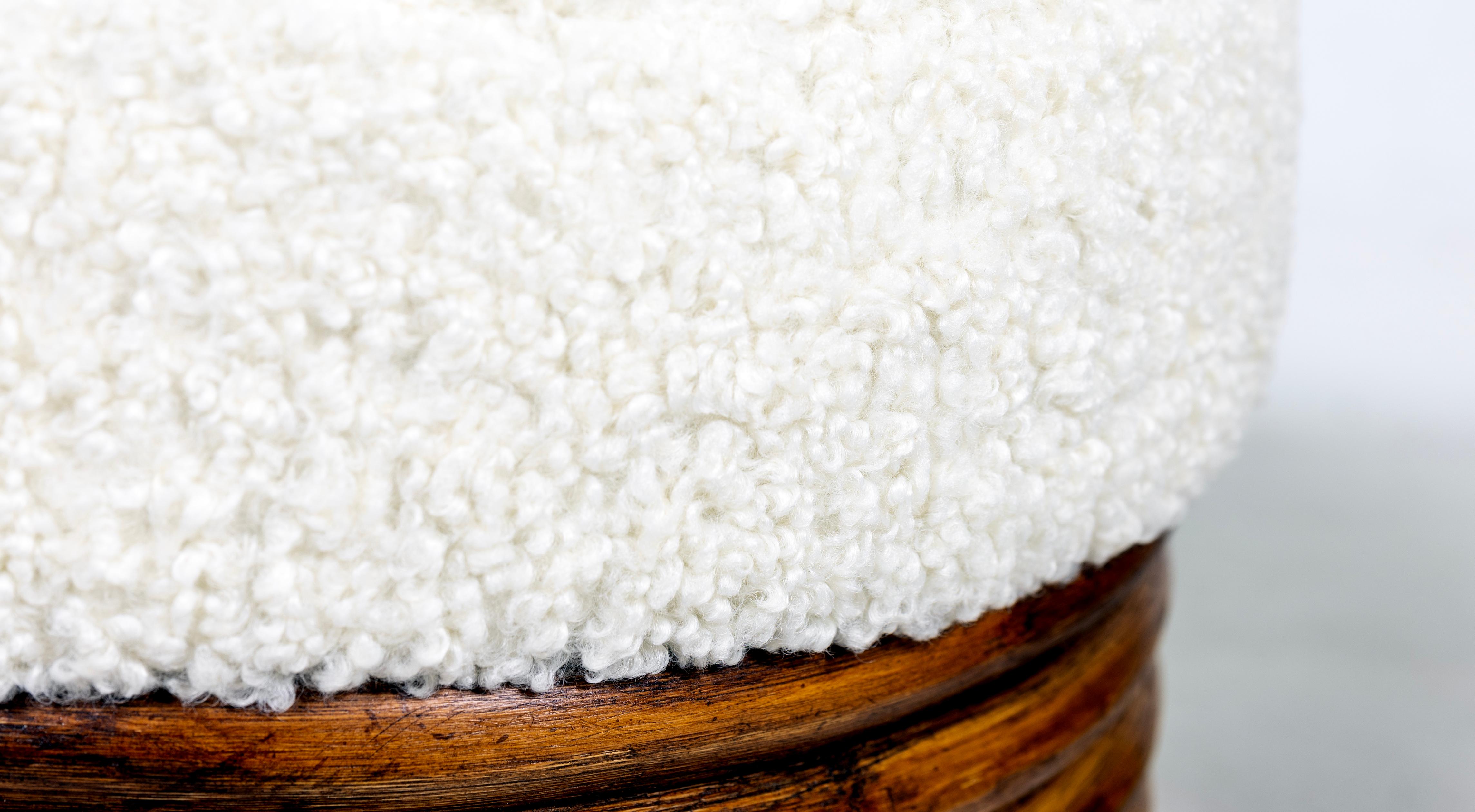 Late 20th Century Pair of Round Bamboo Ottomans, Stools, Boucle