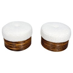 Pair of Round Bamboo Ottomans, Stools, Boucle