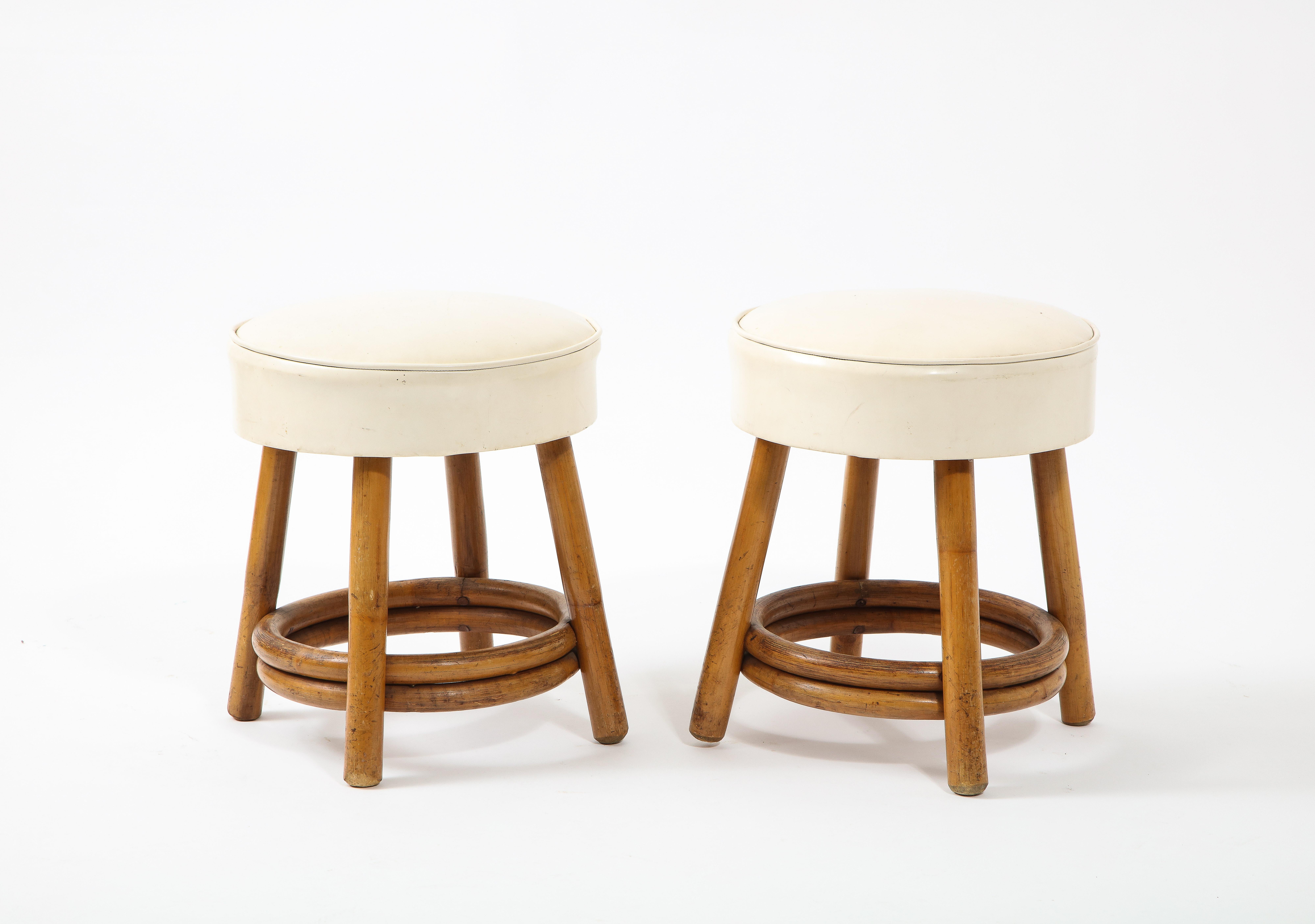 American Pair of Round Bamboo Stools, USA 1960's