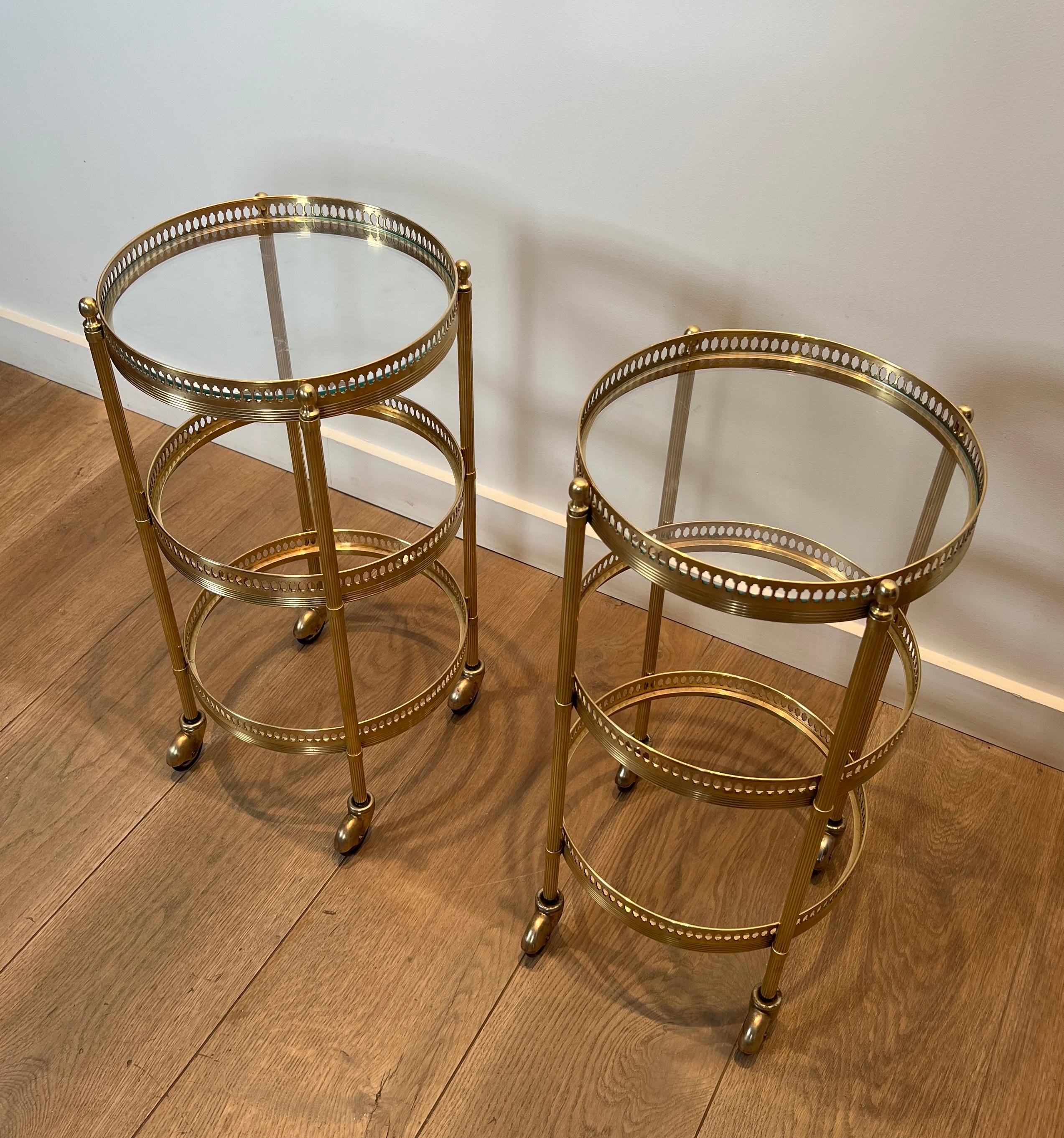French Pair of Round Bar Carts with Removable Upper Trays, Maison Jansen For Sale