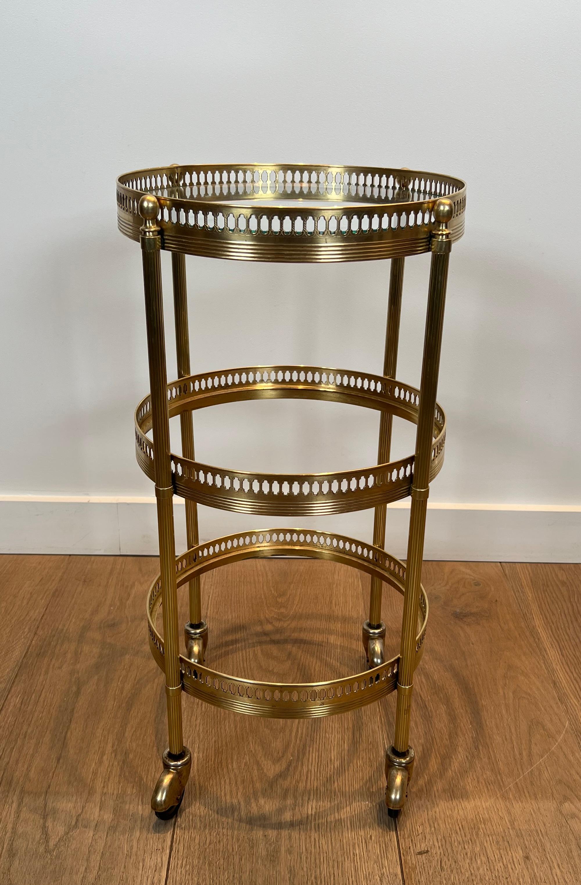 Brass Pair of Round Bar Carts with Removable Upper Trays, Maison Jansen For Sale