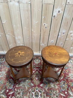 Pair of round bedside tables – Empire style – Floral marquetry – Mahogany staine