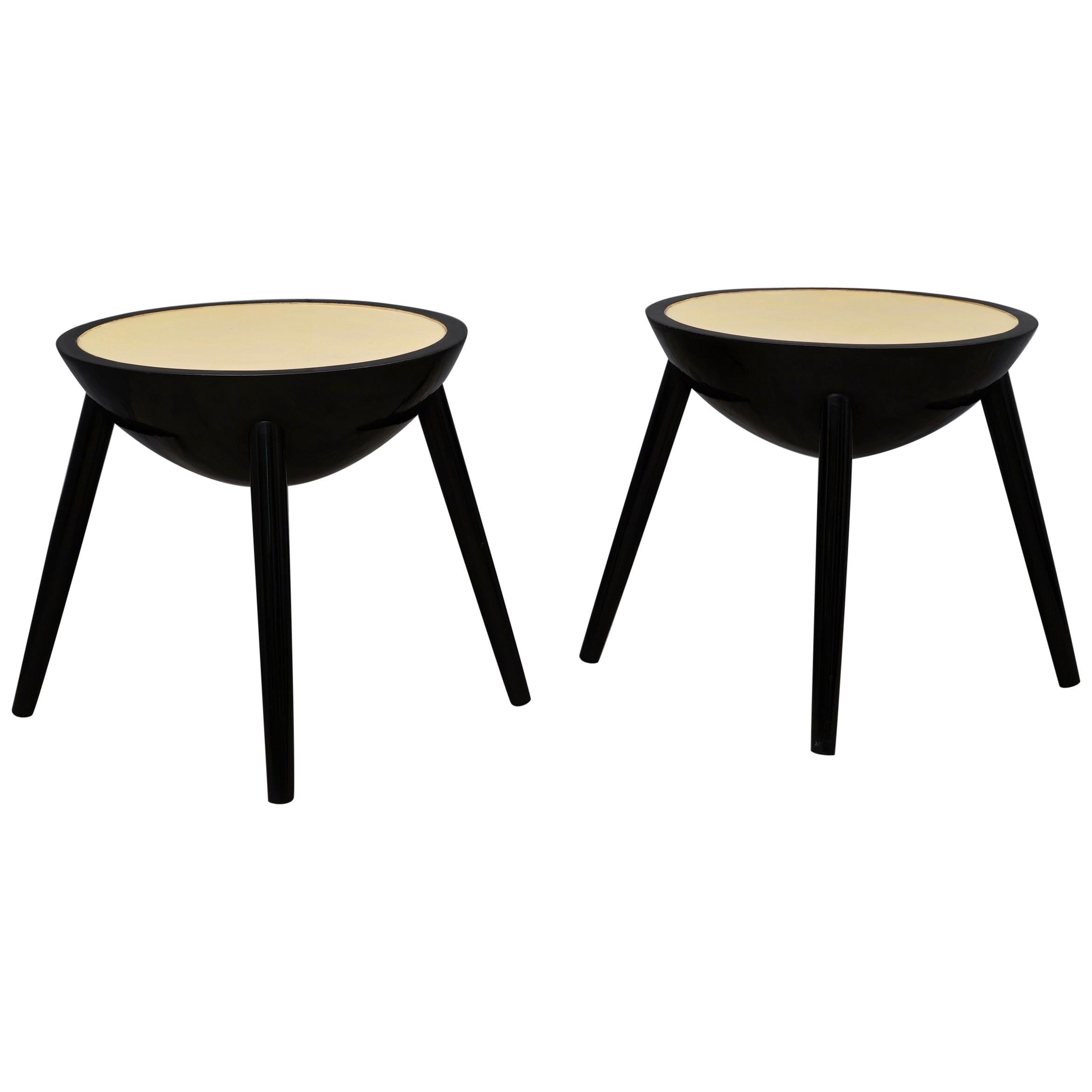 Pair of Round Black and Goat Skin Italian Art Deco Side Tables, 1940