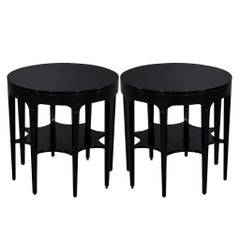 Pair of Round Black Modern Star Carved 2-Tier Side Tables