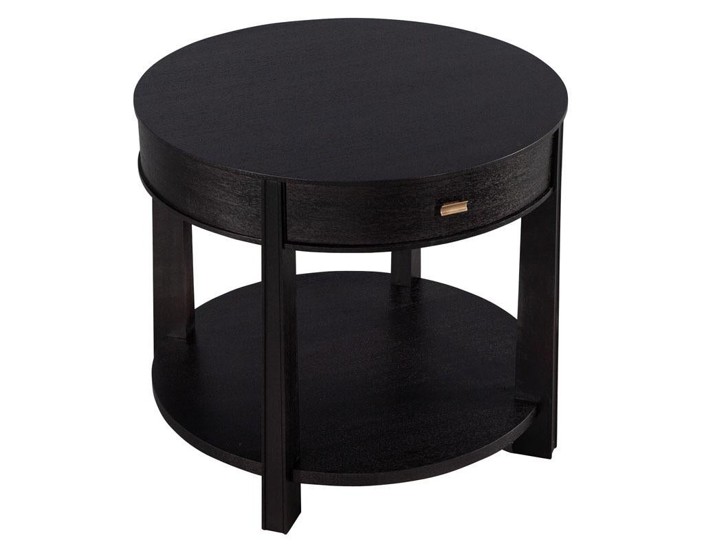 Brass Pair of Round Black Nightstand Side Tables by Barbara Barry Baker Furniture