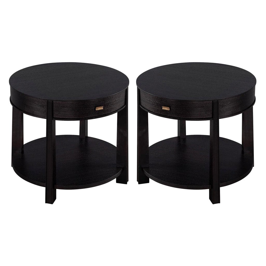 Pair of Round Black Nightstand Side Tables by Barbara Barry Baker Furniture